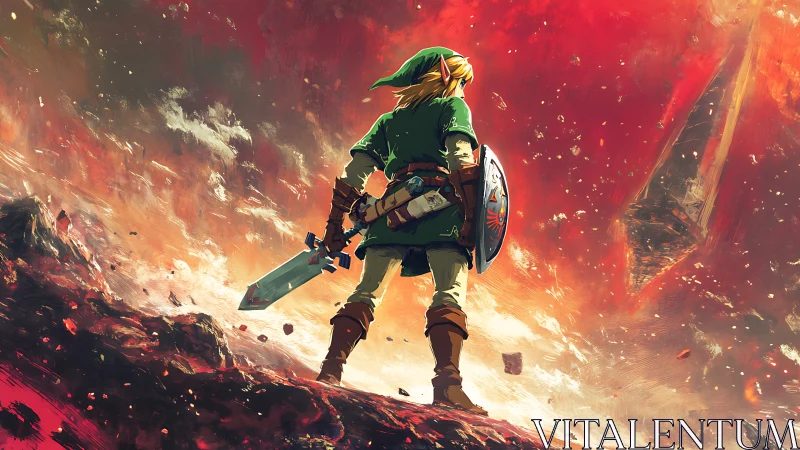 Heroic swordsman framed against turbulent, high-contrast lava sky