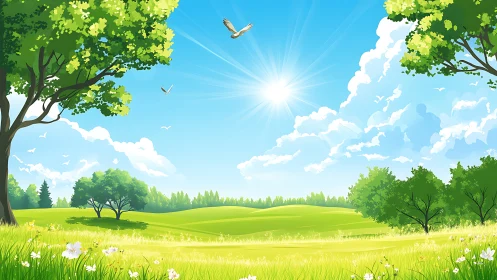 Gentle sunshine brightens a peaceful green meadow and trees