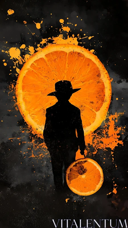 Silhouetted wanderer with citrus halo in bold digital painting.