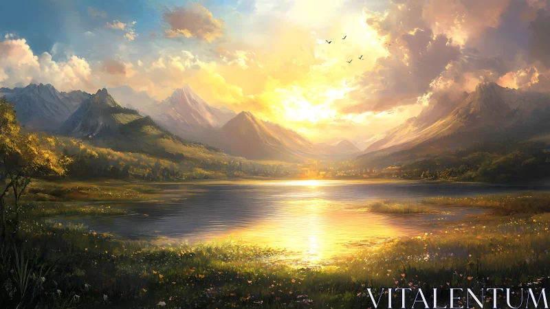 Golden mountain sunrise over a peaceful sparkling lake.