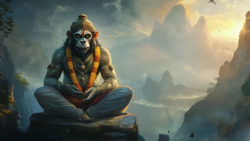 Divine simian deity meditating on cliff amid misty peaks.
