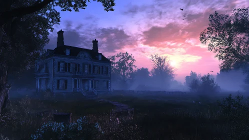 Haunted country mansion looms beneath an eerie violet dawn