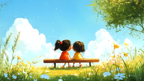 Digital Illustration: Two Children on Wooden Bench in Spring Meadow