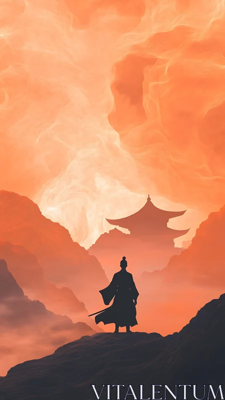 Samurai silhouette confronts temple amid incandescent mist