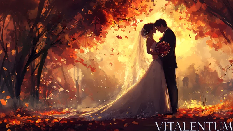Autumn forest wedding couple silhouetted in golden backlight.