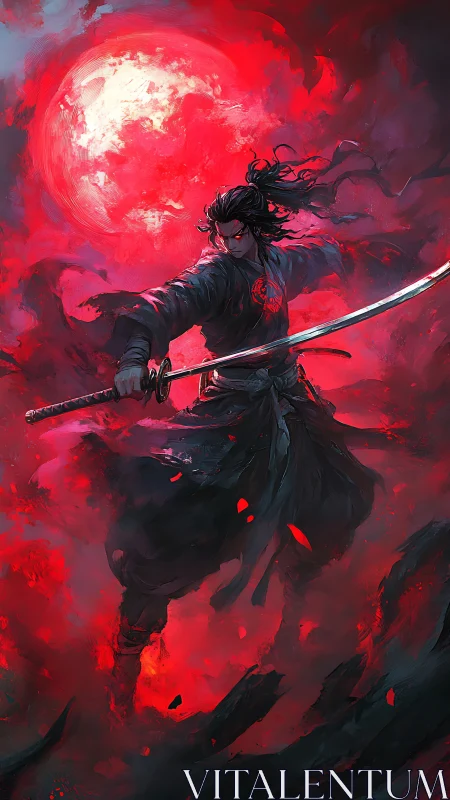 Swordmaster confronts blood-red moon in swirling scarlet storm.