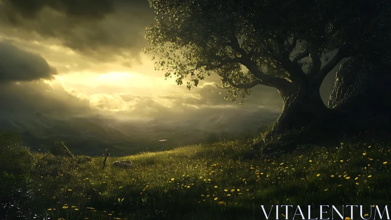 Twilight meadow breathes under an ancient storytelling tree