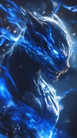 Blue flame demon warrior emerges in crackling energy storm.