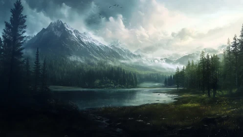 Mountain lake landscape shows misty forest and distant peaks