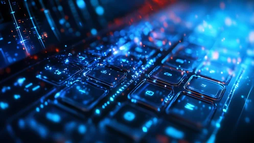 Glowing cyber keyboard pulses with vivid digital data streams