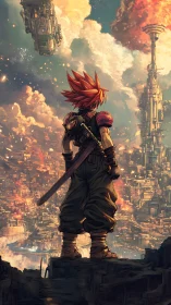 Sword‑wielding hero surveys blazing cyberpunk sky city