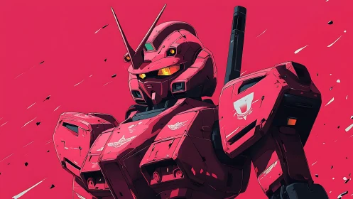Angular crimson mecha portrait emphasizes cel-shaded armor planes