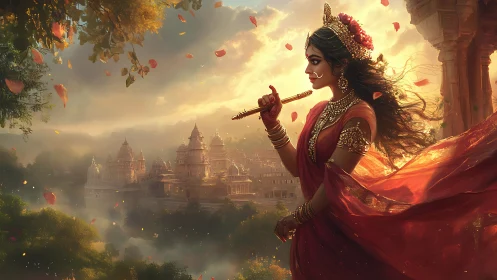 Divine woman with flute above misty Indian temple city.