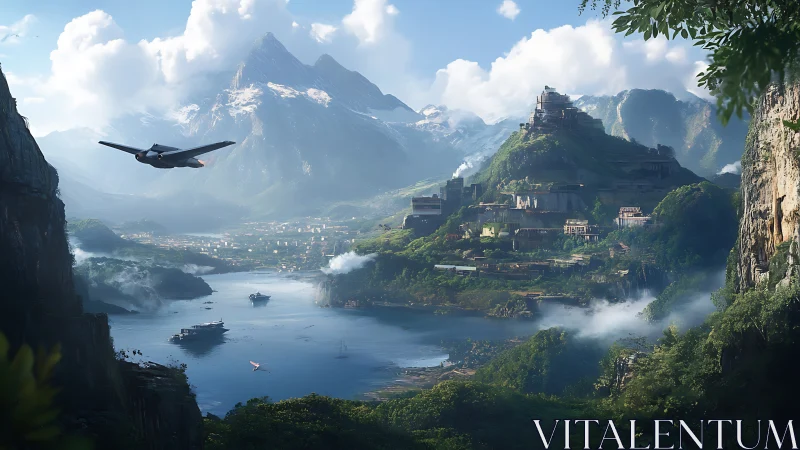 Digital painting of fortified mountain harbor with aircraft transit.