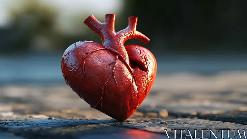 Anatomical Human Heart Rendered Against Textured Ground Surface.