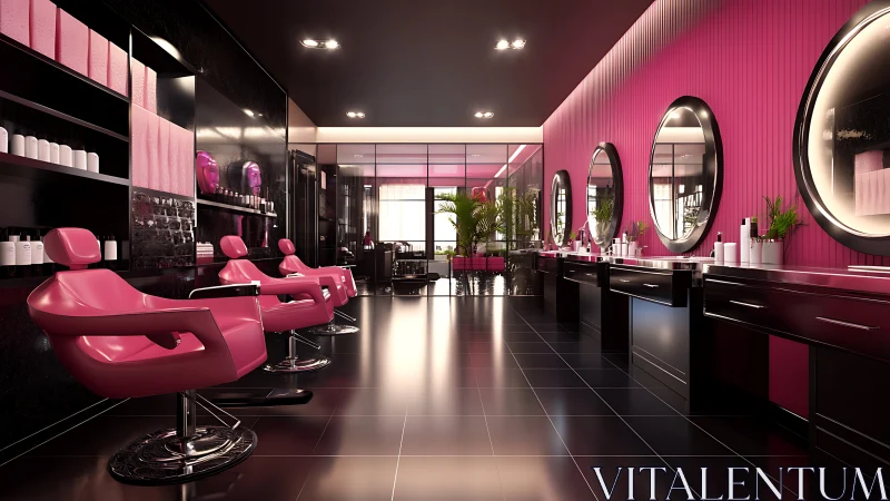 Bold pink salon interior with sleek mirrors and gloss finishes.