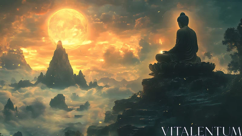 Seated Buddha silhouette overlooking luminous mountain vista.