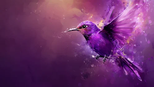 Vibrant purple hummingbird bursts through abstract light.