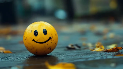 Yellow smiley ball on wet pavement with autumn leaves.