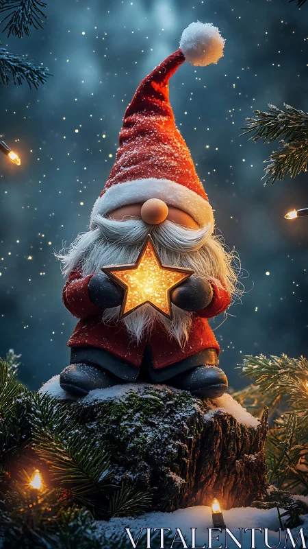 Cozy Christmas gnome holding a glowing golden star light.