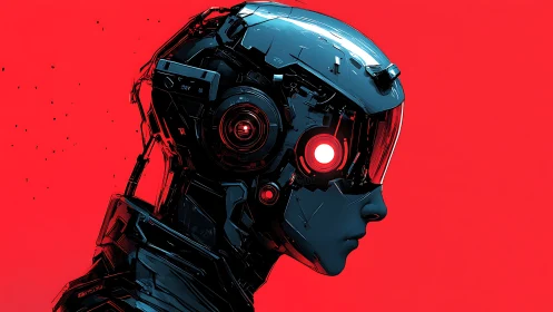 Side profile of armored humanoid cyborg against red field.