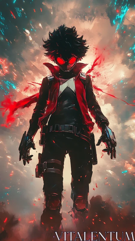 Hooded figure with red visor in glowing abstract clouds.