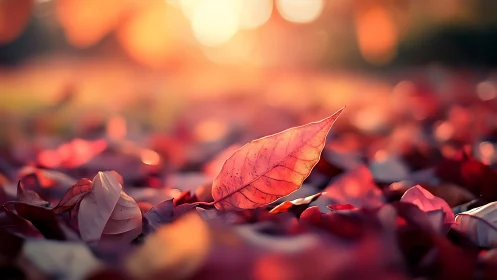 Soft sunset glow on a single autumn leaf at rest.