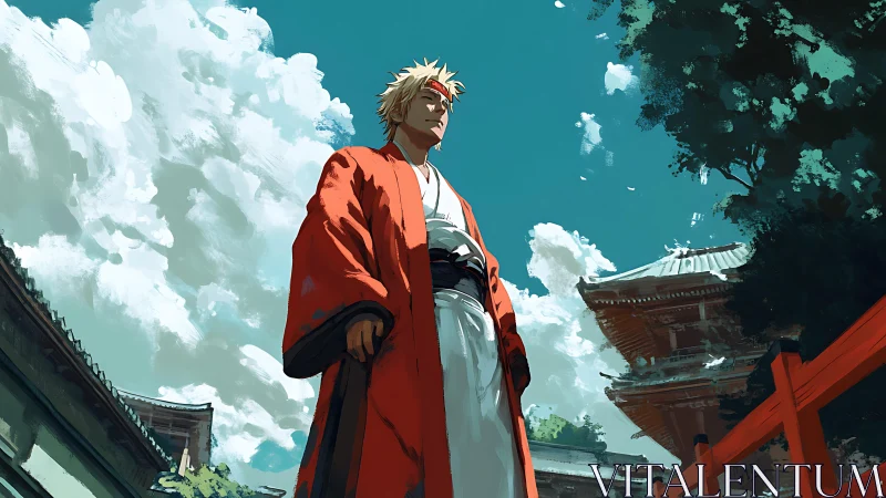 Samurai figure in red kimono stands under bright midday sky