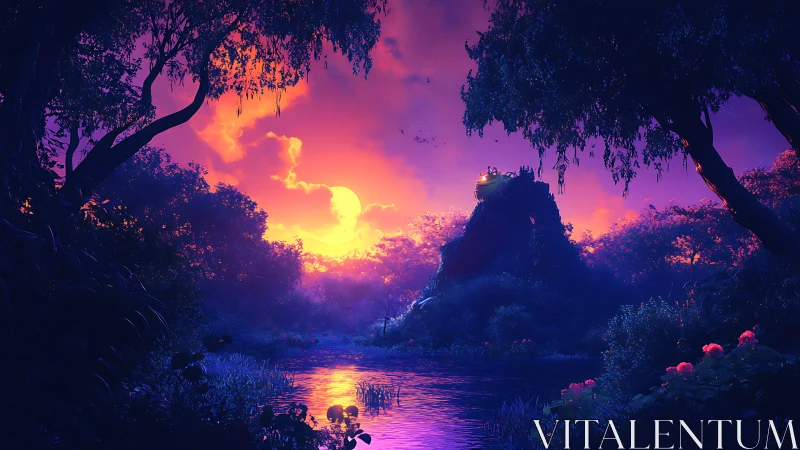 Digital forest river scene shows luminous twilight sky