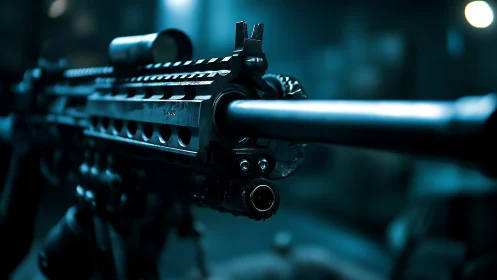 Cold steel barrel stretches into a neon washed blur of night