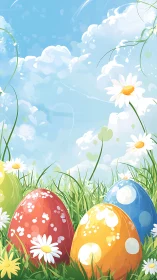 Colorful Easter eggs resting in grass under spring sky.