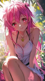 Pink haired anime girl in white dress under soft sunlight.