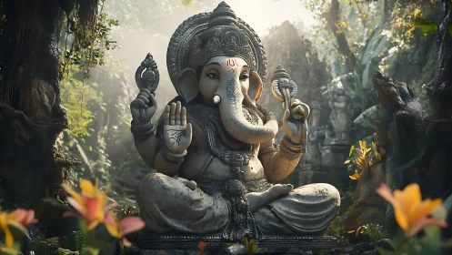 Photorealistic stone Ganesha shrine in misty tropical forest