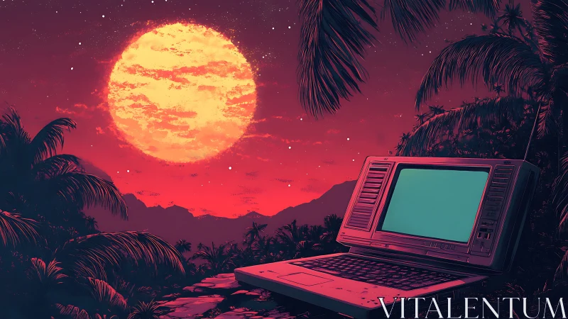 Retro laptop glows beneath oversized neon sun over jungle