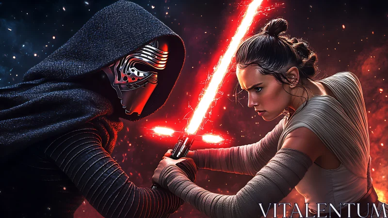 Masked warrior duels focused woman with crossed lightsabers.