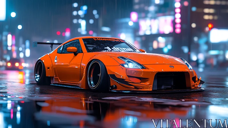 Neon-soaked orange street racer glows in midnight rain.