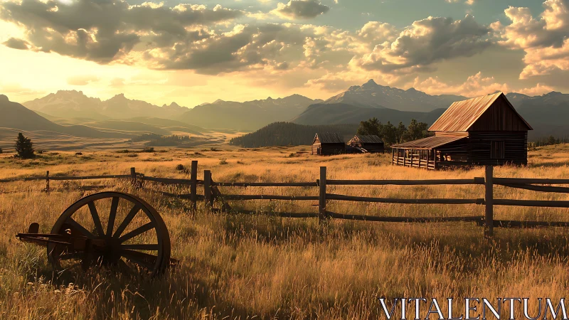 Golden hour homestead landscape with rustic wooden ranch structures.