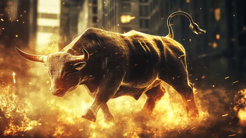 Golden wireframe bull charging through urban flames.
