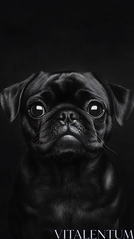 Solemn black pug portrait glows softly against deep shadow