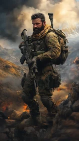 Elite tactical operator advancing through burning canyon.