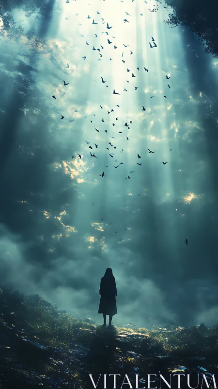 Backlit cloaked figure observes ascending birds in misty forest