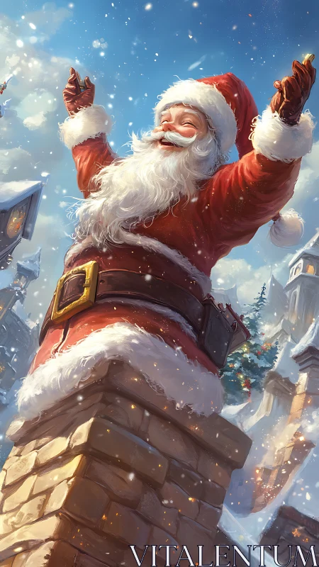 Jolly Santa rising from snowy chimney in festive village.