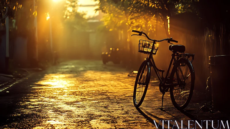 Bicycle with basket positioned in narrow alleyway during golden hour lighting