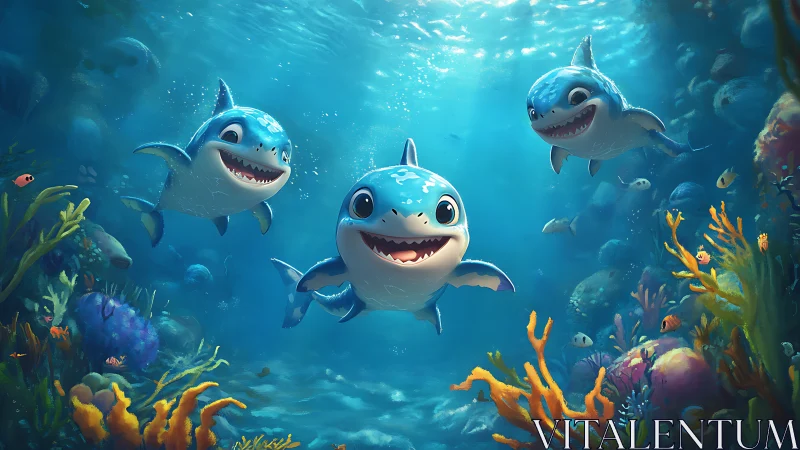 Cute baby sharks swimming through bright coral reef seascape.