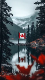 Canadian flag reflects over misty alpine lake in autumn forest