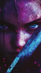 Fierce neon warrior gazes past a glowing battle-worn blade