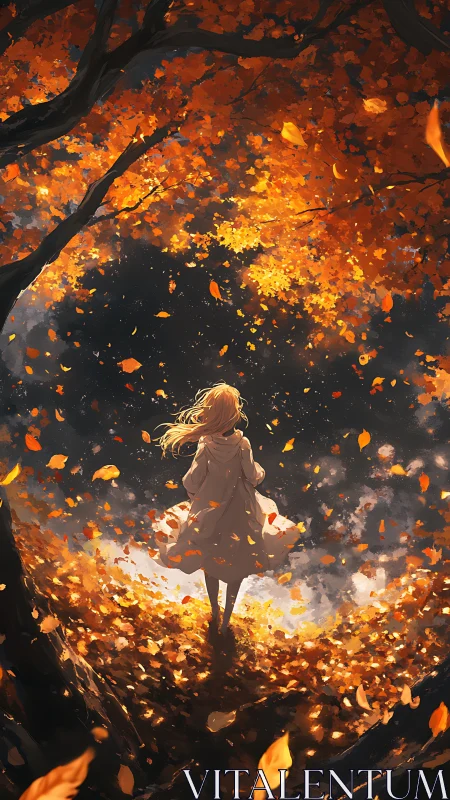 Golden leaves whirl around a lone dreamer at dusk.