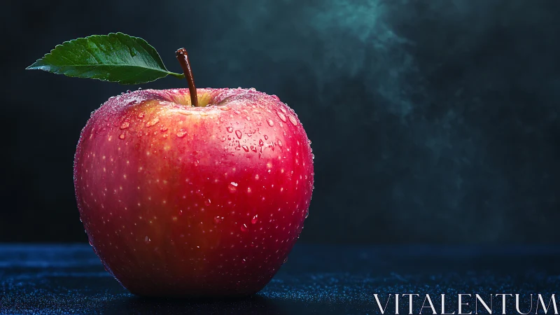 Glossy red apple with dew against moody blue backdrop.