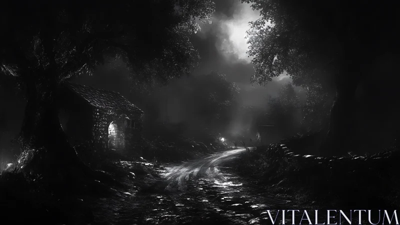 Moonlit forest road with small stone hut and heavy fog.
