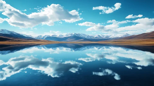 Sky-mirror lake cradled by quiet snowlit mountains.